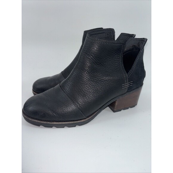 Sorel Cate Cut Out Ankle Boots Women's 8 Black Leather Booties Block Heel Suede - Picture 3 of 10